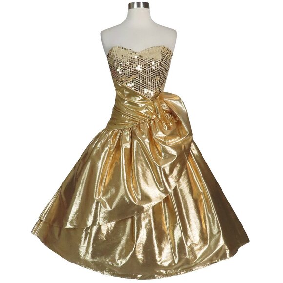 Vintage 80s Gold Metallic Lamé Sequin Strapless Full Skirt Prom Party Dress XXS